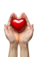 3D two hands holding glossy heart icon alone on transparent background