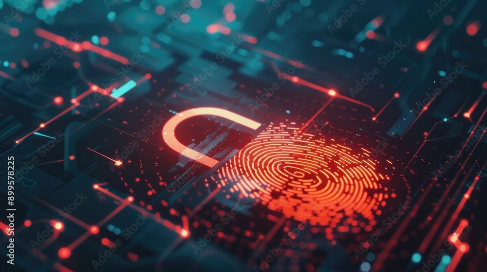 Poster digital padlock icon on a touchscreen with a fingerprint overlay