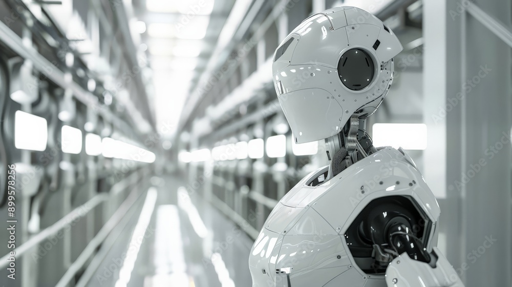 Poster Humanoid robot in a sleek, modern laboratory. Highlighting advancements in robotics and artificial intelligence.