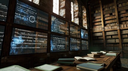 virtual classroom setup in an old library, with ancient books as a backdrop and modern screens for student interaction