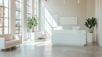 Fototapeta premium A brightly lit, modern lobby with large floor-to-ceiling windows, minimalistic white furniture, and potted plants on a sunny day.