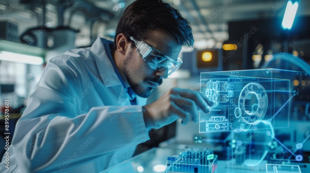 Poster Engineer in safety goggles working on a futuristic holographic display in a laboratory. Cutting-edge technology and innovation in engineering