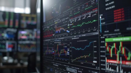 Obraz premium Digital screen displaying stock market trends and financial indicators