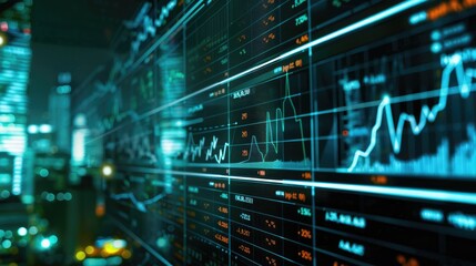 Naklejka premium Digital screen displaying stock market trends and financial indicators