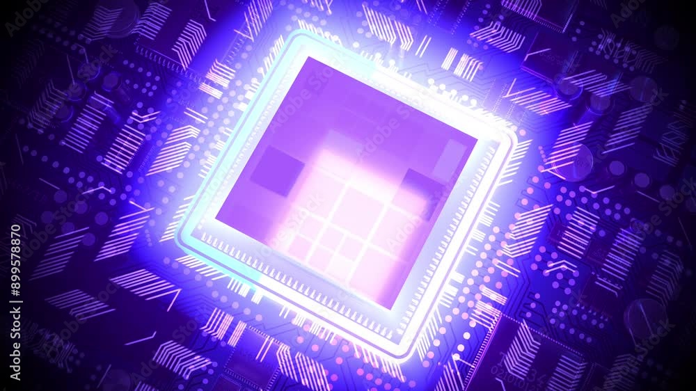 Poster computer processor and blinking lines - 3d 4k animation (3840 x 2160 px)