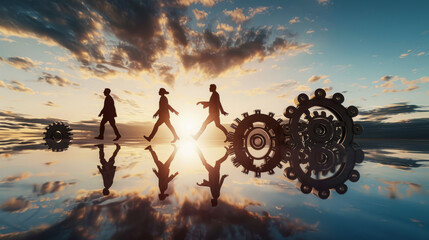 Three silhouetted figures walking among large cogs and gears mirrored in smooth water, with a dramatic sunset as the backdrop.