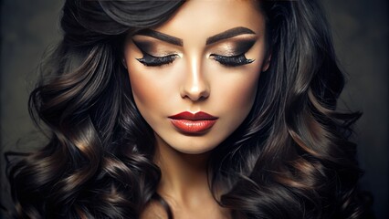 Fototapeta premium full mink lashes, eyes closed woman with long wavy jet black hair, full cat eye mink lashes, full glam makeup