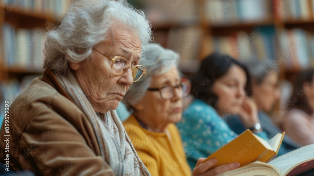Poster group of elderly learners focus on foreign language textbooks in a cozy community library setting, d