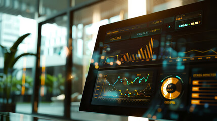 Sleek dashboard displaying financial and data analytics in a modern office setting, featuring charts and graphs indicating dynamic market trends and statistics.