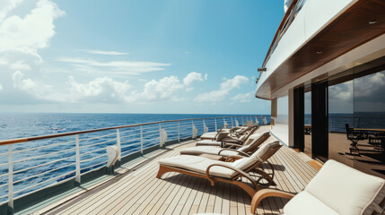 Fototapeta premium A sun-drenched cruise ship deck with arranged lounge chairs facing an endless expanse of the blue ocean under a brilliant sky.