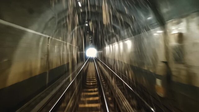 Subway train approaching bright light in moti prob tunnel