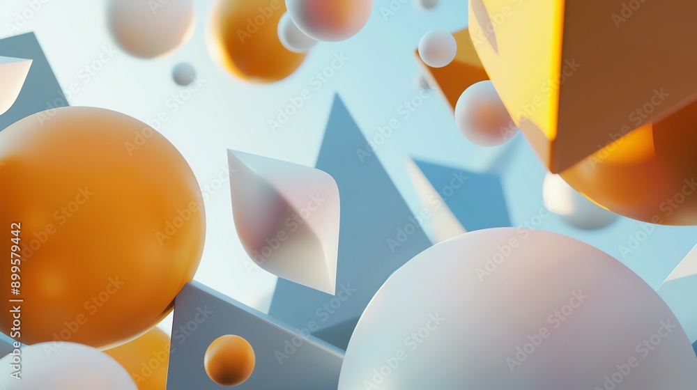 Poster a 3d rendering of colorful geometric shapes floating in a space.