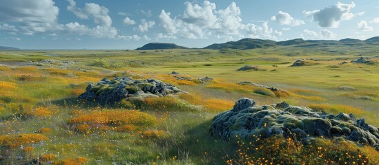 Green Meadow with Blooming Flowers and Mossy Rocks