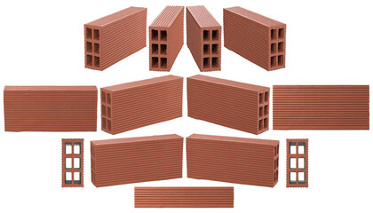 Rectangular ceramic brick with 6 holes from various perspectives on a transparent background. Realistic 3d render.