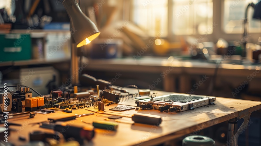 Aufkleber Engineering workshop with tools and electronic components on a workbench under warm lighting. Creative and technical workspace