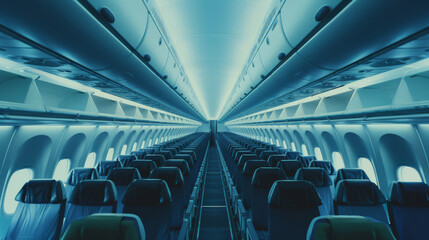 Fototapeta premium A softly illuminated airplane cabin showcasing dark seats in aligned rows, conveying an ambience of tranquility and sophistication.