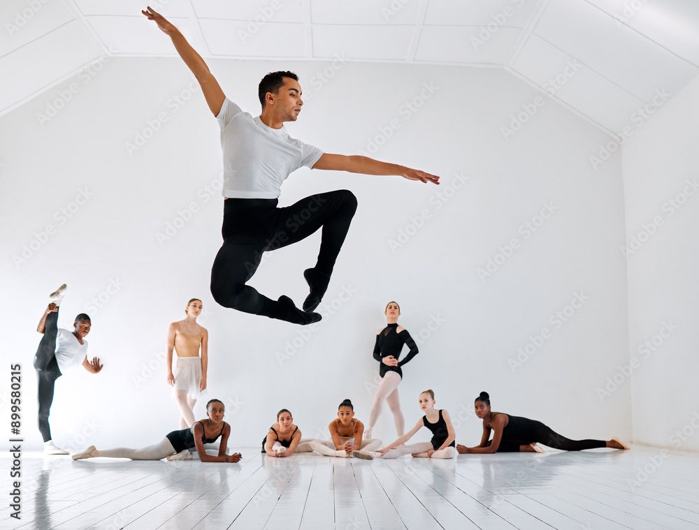 Poster Ballet, jump and group in dance performance with practice for art demonstration, elegance or learning. Diversity, ballerina and students for training in class for dancing academy, teamwork or balance