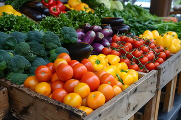 At farmers market, organic vegetables in wooden crates. Simple feel, farm produce. Assortment includes tomato, cherry tomato, broccoli, eggplant, leafy greens. Organic food concept