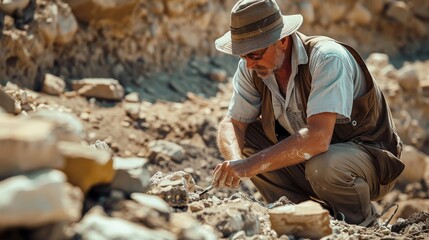 A paleontologist excavating fossils at an archaeological site