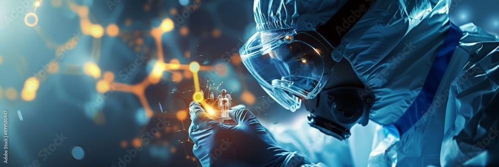 Aufkleber researcher in protective gear examining a sample with advanced technology in a futuristic laboratory