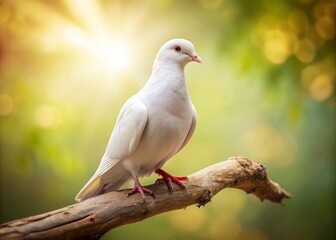 Serene white winged dove with gentle feathers and peaceful gaze perched on a rustic wooden branch, surrounded by soft, blurred natural background and copy space.