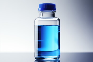Chemical blue liquid additive in glass chemistry bottle