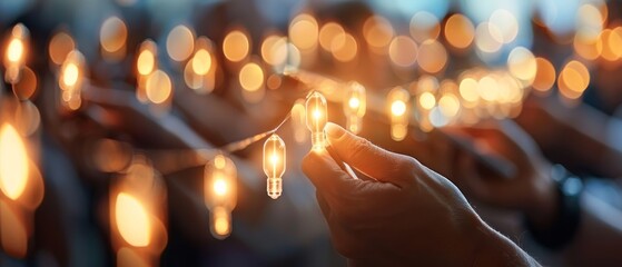 Illuminating Hope:  A chain of glowing light bulbs held by a community, symbolizing unity, warmth, and shared aspirations in a powerful visual metaphor. 