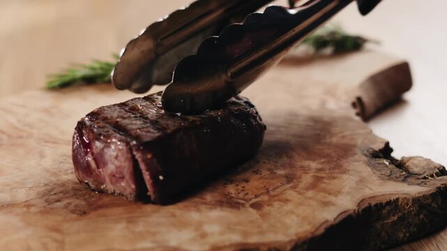 Slow motion slide slicing rare fillet mignon steak on wood board
