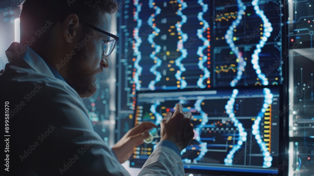 Poster dna helix on a computer screen with a researcher analyzing genetic data