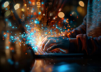 Digital Alchemy: Hands ignite innovation as a luminous code stream erupts from a laptop, symbolizing the transformative power of technology in a captivating close-up. 