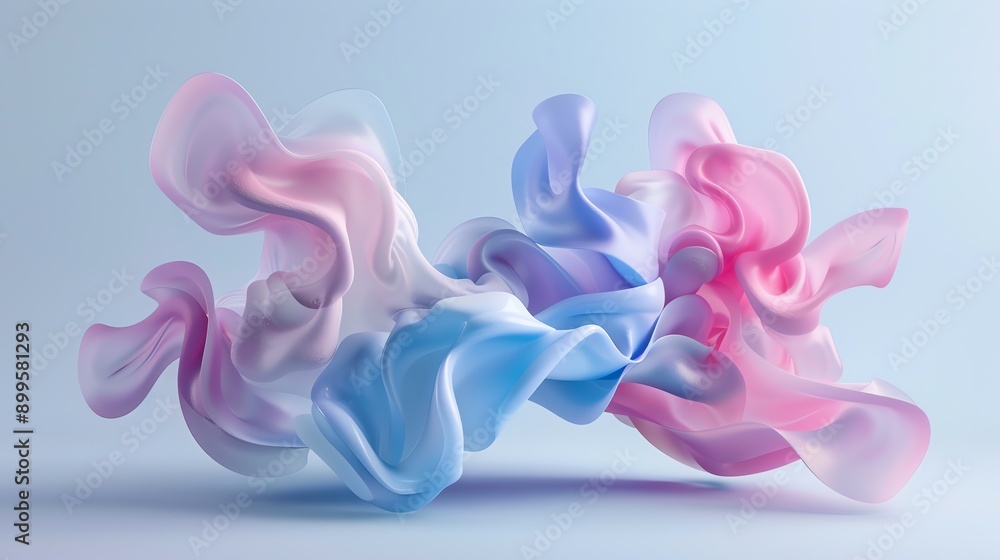 Poster an abstract 3d rendering of blue and pink flowing shapes.