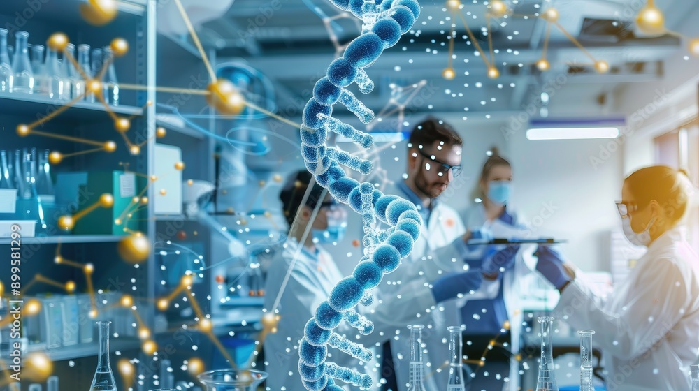 Poster dna helix in a laboratory setting with researchers working