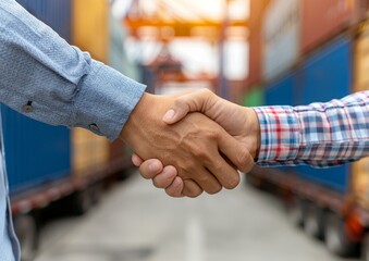 Global Partnership: A handshake seals a deal against a backdrop of shipping containers, symbolizing international trade and collaboration.  