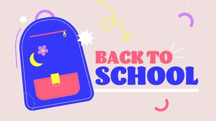 Bannière vectorielle et colorée pour la rentrée scolaire avec un cartable et le message "Back to school"