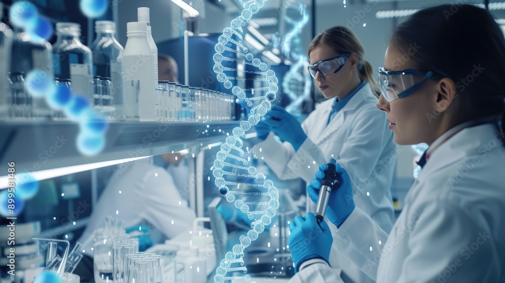 Poster dna helix in a laboratory setting with researchers working