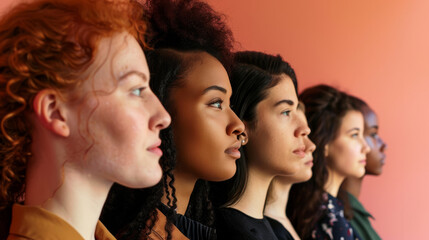 Obraz premium A diverse group of women stand in profile against a gradient orange background, looking determined and united in purpose.