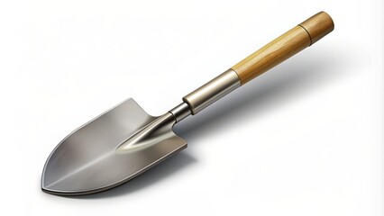 Fototapeta premium A sturdy metal shovel with a curved blade and wooden handle stands upright against a transparent background, casting a subtle shadow, ready for heavy lifting.