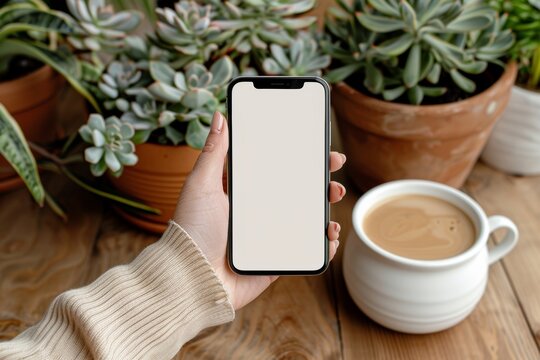 Serene Morning Connection: A woman savors a quiet moment with coffee and her phone, surrounded by lush succulents, offering a tranquil scene of digital detox or mindful connection. Blank Screen