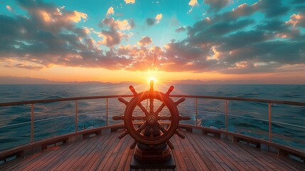 Ship's wheel on boat deck, intense sunlight, golden hour, lens flare, turquoise ocean, clear blue sky, wispy clouds, wooden deck, nautical adventure, ultra-wide angle.