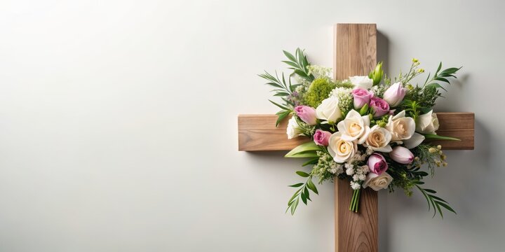 Simple and elegant arrangement featuring a wooden cross adorned with fresh flowers against a soft, muted white backdrop, ideal for memorial or funeral announcements.