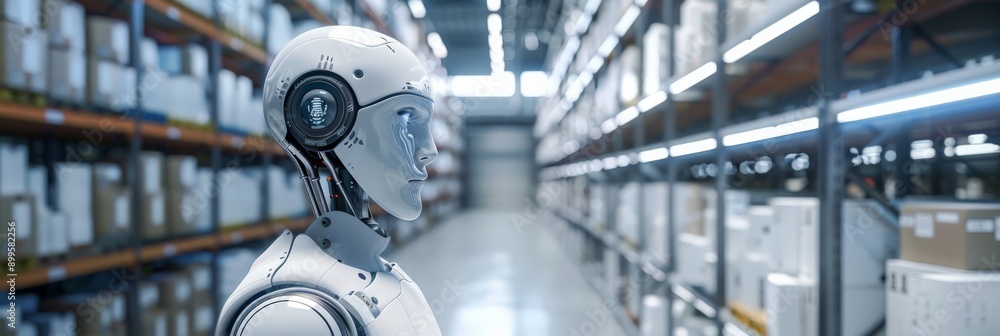 Poster humanoid robot operating in a warehouse with shelves of boxes. concept of ai in logistics and supply