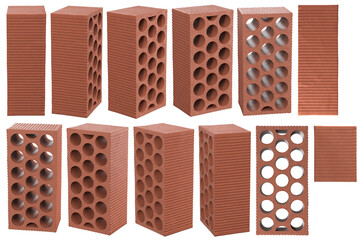 Rectangular ceramic brick perforated from various perspectives on a transparent background. Realistic 3d render.