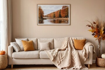 Cozy beige living room interior with a sofa, knitted blanket, mockup frame on the wall, and autumn theme. Autumn Living Room Ideas.