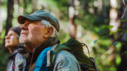 Obraz premium Two senior men enjoying a serene hike through a lush forest, appreciating the tranquility and beauty of nature with an emphasis on wellness and companionship.