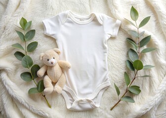 Adorable white cotton baby onesie lay flat on ivory blanket with toy teddy bear and fresh eucalyptus branch, perfect for newborn product photography and design.