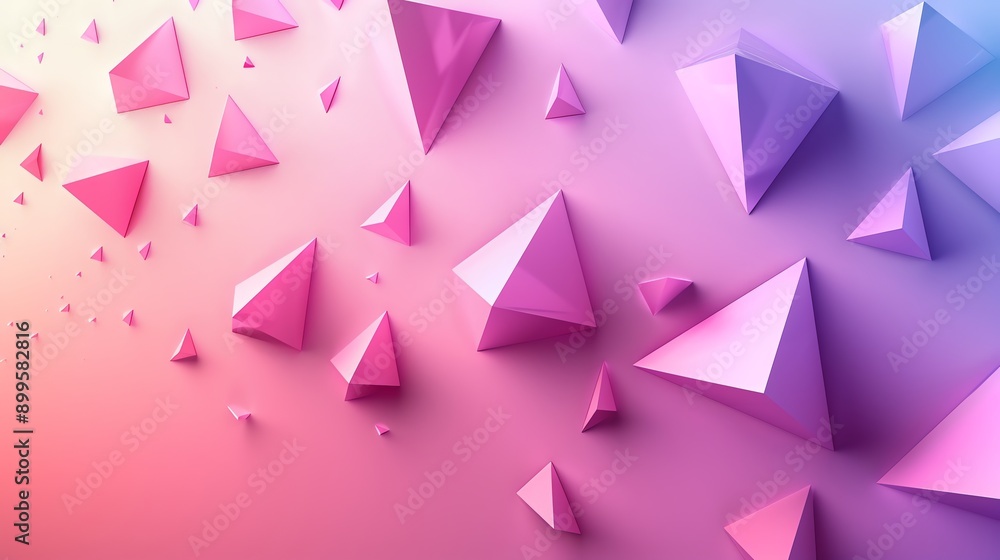 Poster a 3d rendering of pink pyramids of various sizes against a pink and blue gradient background.