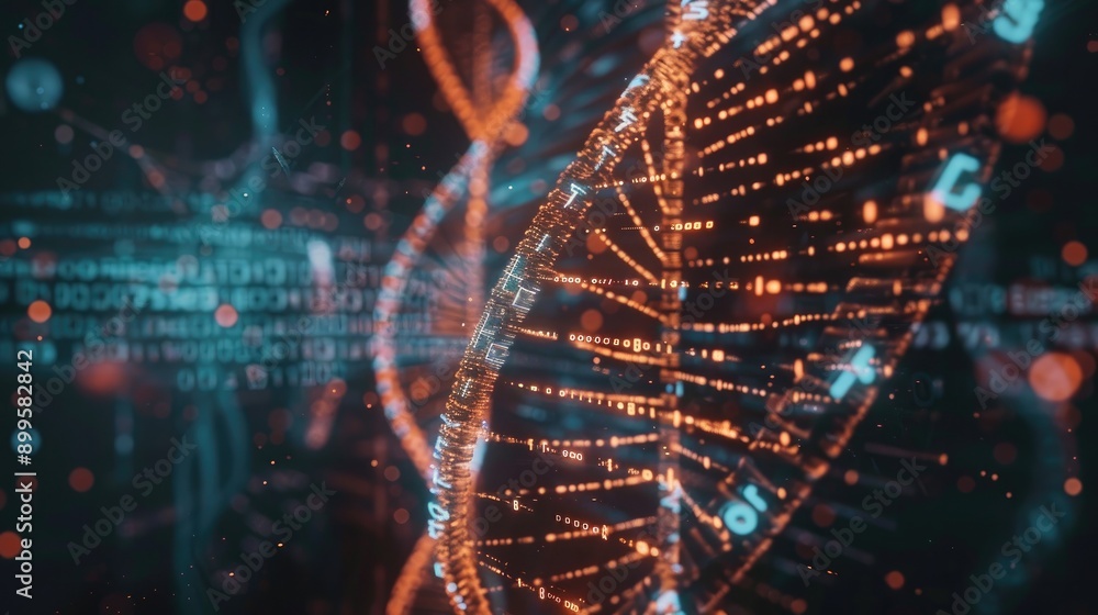 Poster dna helix surrounded by digital code, representing genetic data analysis