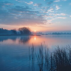 Fototapeta premium Serene Sunrise Over a Calm Lake Reflecting the Sky Representing New Beginnings and Fresh Starts