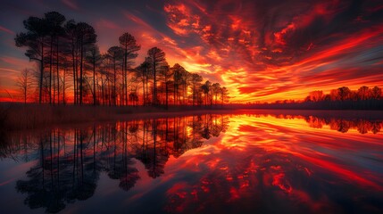 Twilight landscape, silhouetted trees, evening afterglow, vibrant red and orange sky, calm lake reflection, perfect mirror image, wispy clouds, tranquil scene, panoramic view.