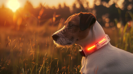 A thoughtful dog with a glowing collar gazes into a golden sunset, creating a tranquil and reflective moment.